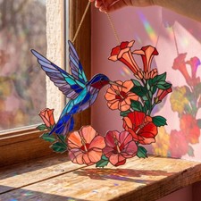 Hummingbird Acrylic Suncatcher, Colorful Botanical Flower Window Decor
