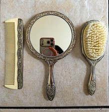 Vintage Ornate Silver-Tone Metal Vanity Set Hand Mirror Hair Brush  Comb heavy