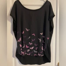 Torrid Black Purple Butterfly Relaxed Cap Sleeve Mixed Media Blouse 1X Cottage