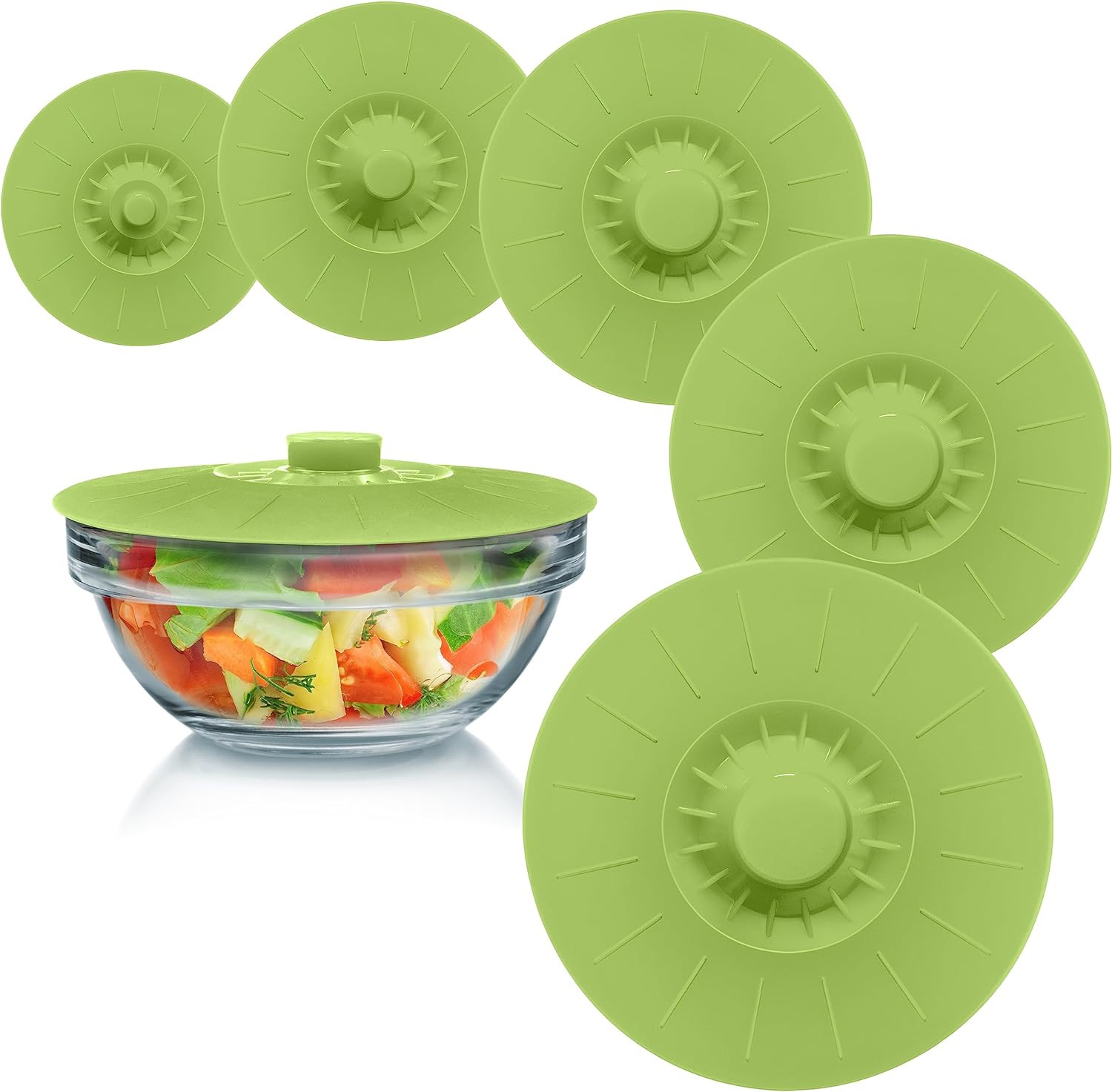 Silicone Bowl Lids Green Set of 5 Reusable Suction Seal Covers for Bowls, Pots, 