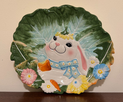 Chang Song Bunny Rabbit Ceramic Cabbage-like Plate Platter Easter Spring 13''x11''