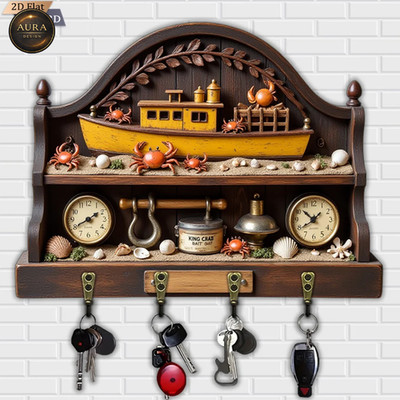 Wand Schlüsselanhänger 30cm - Schiff Vintage Organizer 2D 4 Haken Eingang