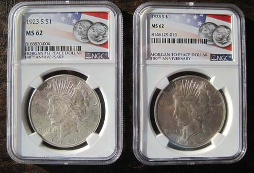 (2) 1923-S Silver Peace  Dollars  NGC MS62 Flag Label