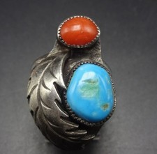 CLASSIC Vintage Sterling Silver TURQUOISE CORAL RING size 7.5, Wide Band