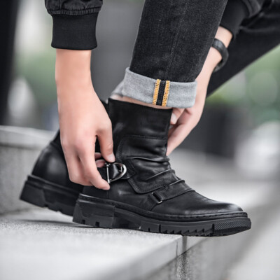 【新品・未使用】Ameri BUCKLE ANKLE SHOES Retro American Style Mens Buckle Motorcycle Real Leather Ankle