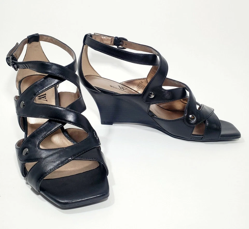 NIB WORTHINGTON MILENA Sz 7 Womens Black Strappy Wedge Sandals Shoes Square Toe - Image 3 of 4