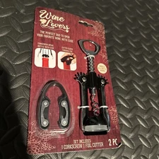 2-pc Wine Lovers Corkscrew & Foil Cutter with Bottle Opener Metal Silver /Black