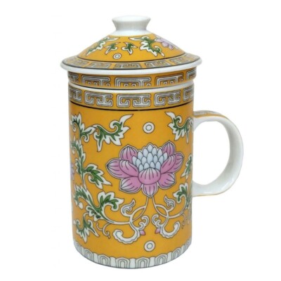 Dreiteiliger chinesischer Tee-Ei Becher - gelbes Lotusblüten-Design