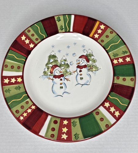 Tabletops Gallery WINTERLAND Snowman Dinner plates 12" Christmas Hand Painted