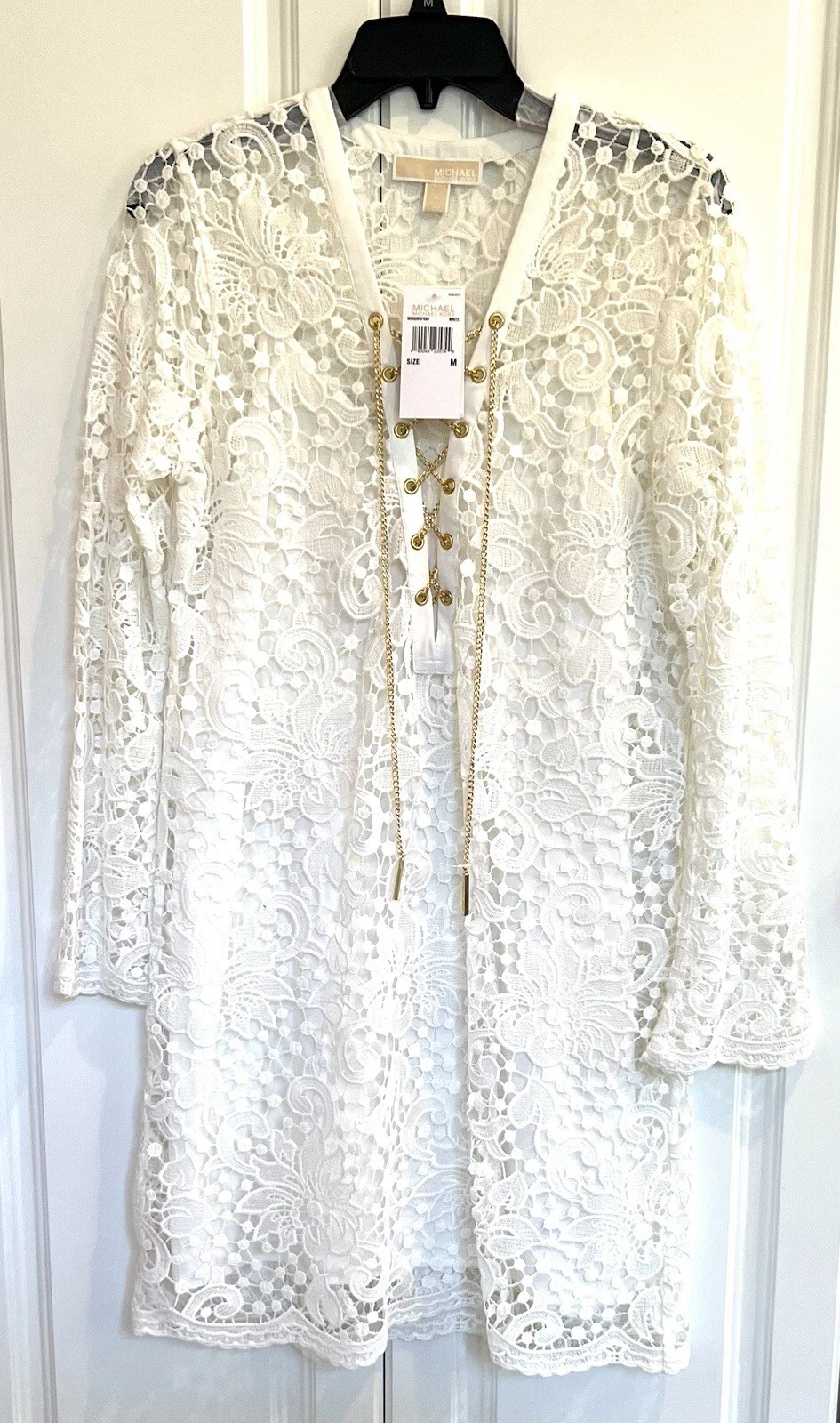 Abito Michael Michael Kors taglia Medium bianco pizzo catena oro corpetto stringato nuovo con etichette