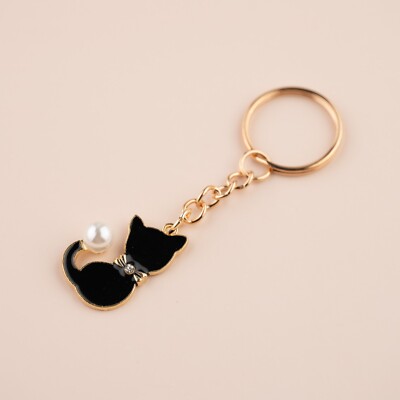 Cute Black Cat Faux Pearl Bow Tie Kitten Keychain Keyring Key Ring Gift Idea