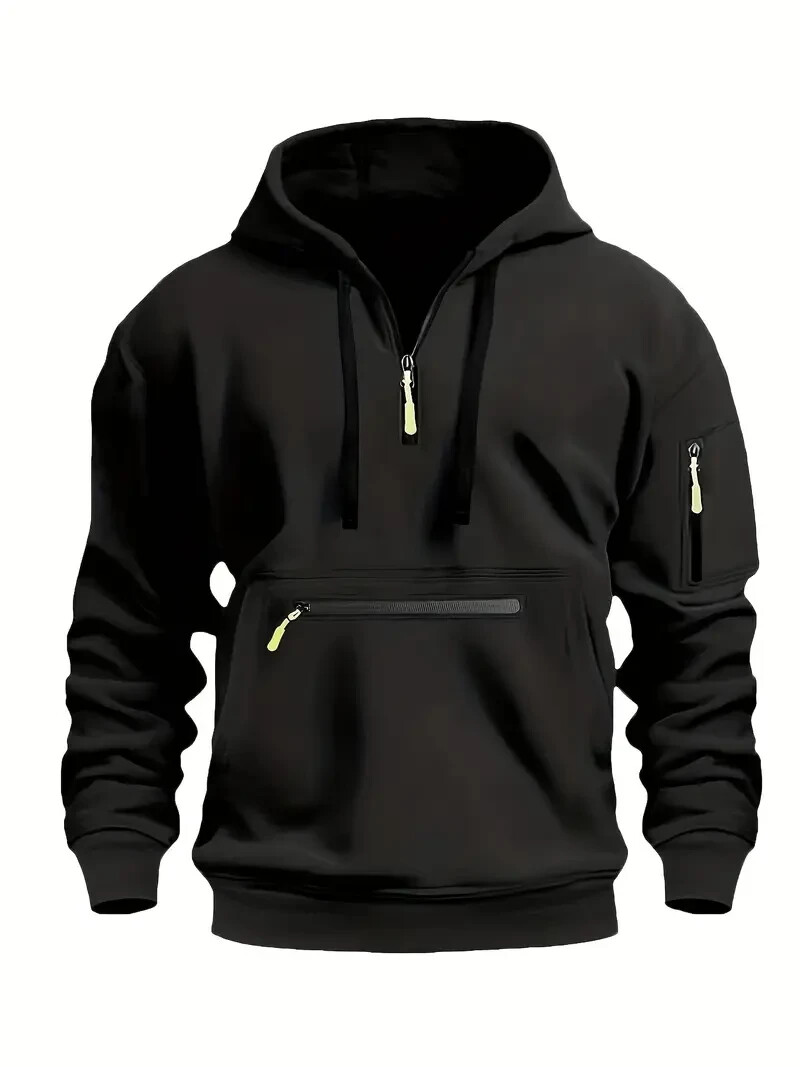 トップス HTH randomheart Wafful LongTee Men's Solid ColorHalf-Zip Design Long Sleeve Casual Hooded
