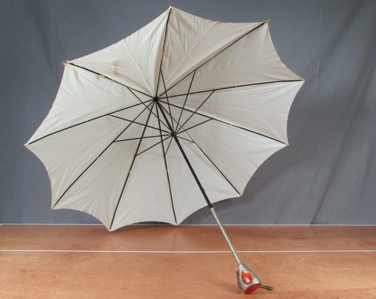 Vintage 1960s White Umbrella Parasol Rain Sun Ornate Metal Handle