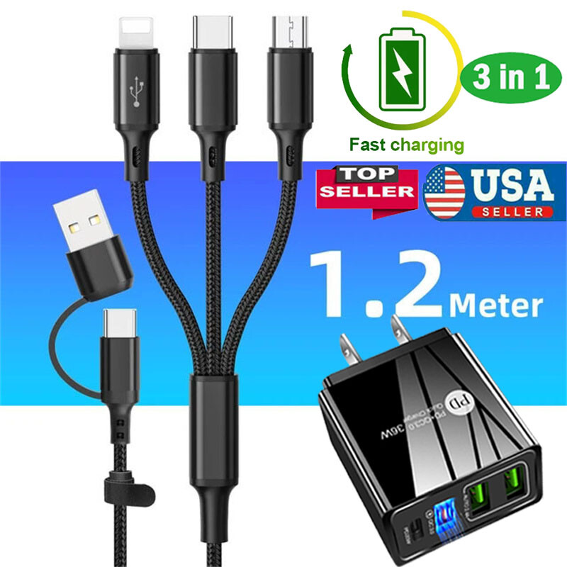 3-in-1 Multi Charging Cable USB Fast Charger for iPhone Android Type C Micro  