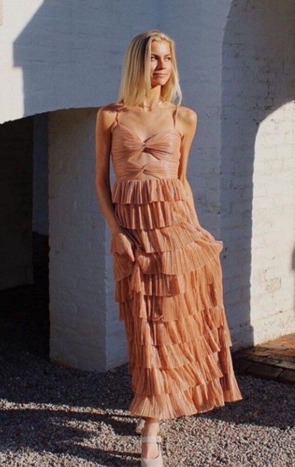Gianni Bini Tiered Grace Dress Size 12 Gold Leaf Plisse Maxi Gown Nude  Romantic | eBay