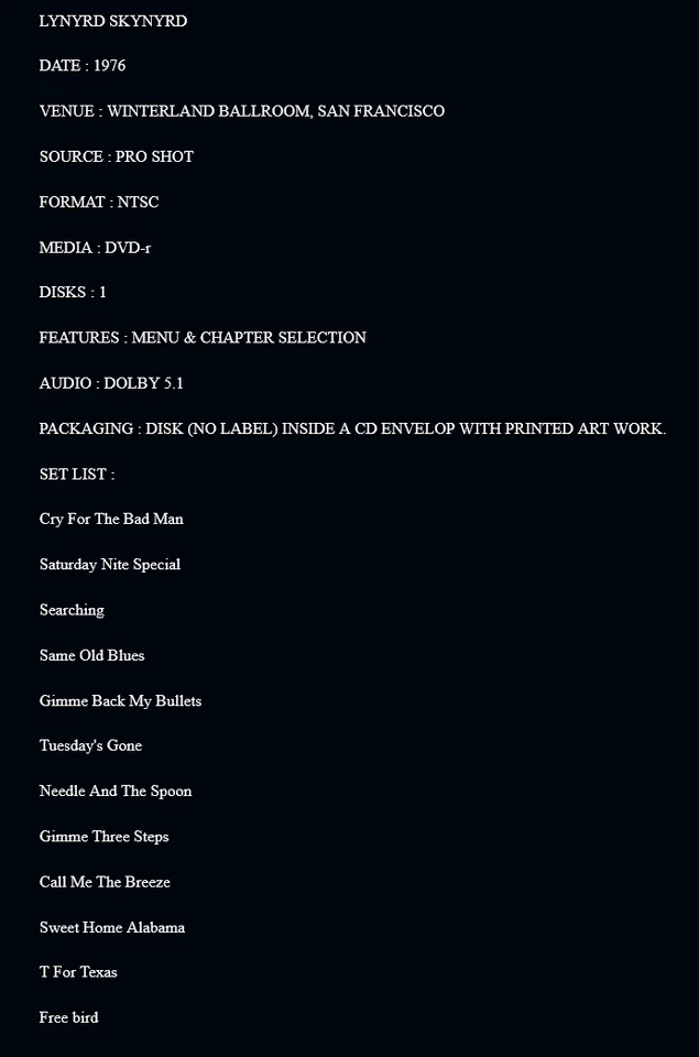 Lynyrd Skynyrd " Live Winterland 1976 " Color Version dvd - Image 2 of 3