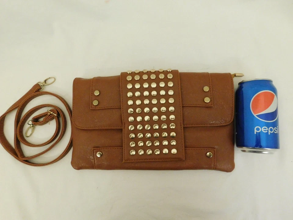 NILA ANTHONY BROWN LEATHER GOLD STUDS CLUTCH PURSE HANDBAG DETACHABLE STRAP - Image 2 of 4