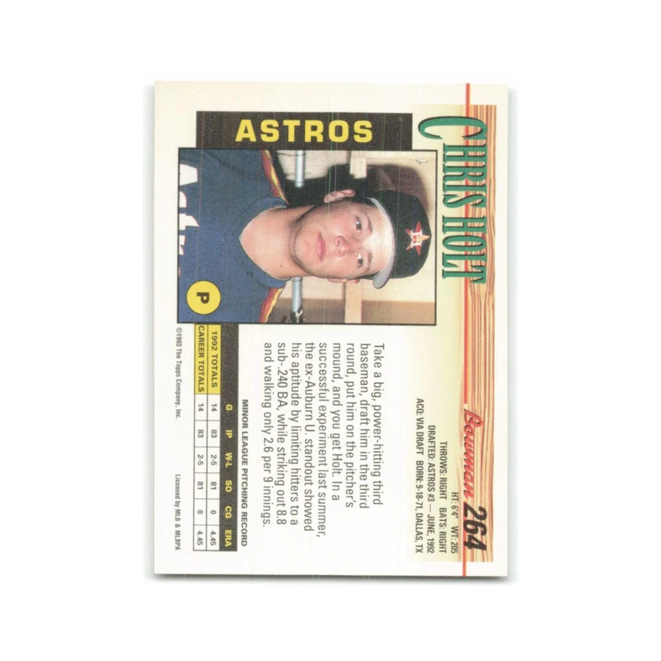 Chris Holt Rookie 1993 Bowman #264 Houston Astros Baseball Card NM - Image 2 of 3