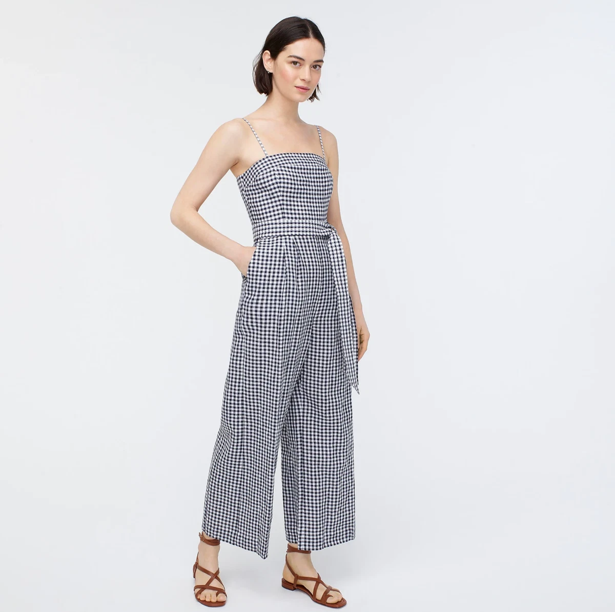 J.Crew Tie waist linen jumpsuit in gingham Navy White Size 00 Item AP327
