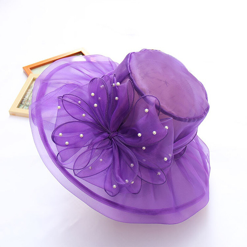 Women Organza Mesh Hat Sun Beaded Flower Wide Brim Beach  display picture 3