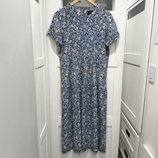 Vtg 90s Teddi Midi Dress Medium Blue White Teacher Floral Boho Pleat Cottagecore