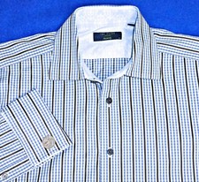 TED BAKER MENS SHIRT 16 BLUE BROWN PLAID 'ARCHIVE" FRENCH CUFF PAISLEY DAMASK