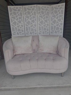 64'' Pink Tufted Microsuede Dania Loveseat With Curved Back. Local Pickup Only.