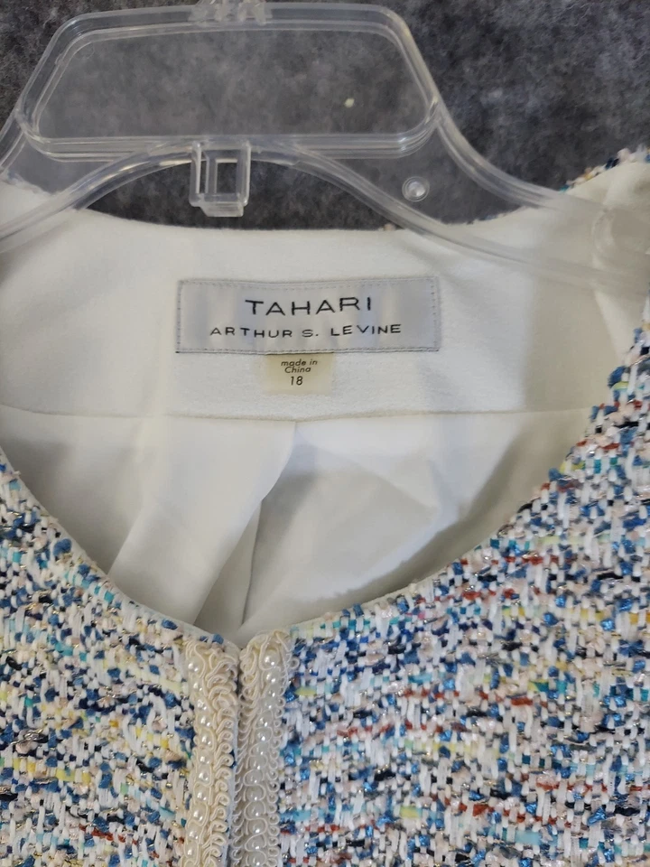 Chaqueta para mujer Tahari Arthur Levine 18 azul marfil tweed perla ribete blazer forrado Foto 4 de 4
