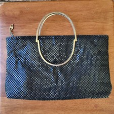 Vintage Black Metal Mesh Clutch Bag Gold Ring Handle Glomesh Style Evening Purse