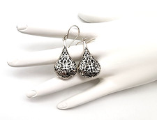 STERLING SILVER 925 TEAR DROP FILIGREE FLOWER DESIGN DANGLING NEW EARRINGS 7.3 G