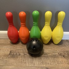 Vintage 1980s Color Plastic Bowling Pins  Ball Six Colorful Pins 1 Black Ball