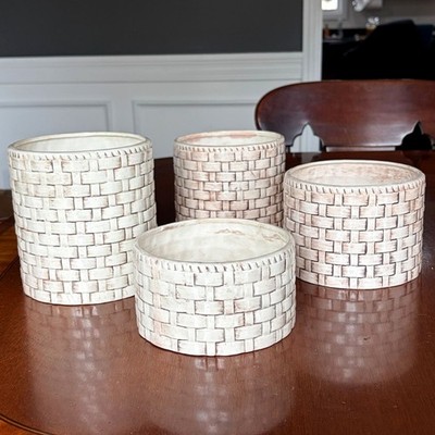 Vintage Set of 4 Faux Basket Weave Ceramic Planters Cachepots Farmhouse Rustic