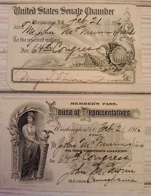 1916 US Senate Chamber & House of Representatives Member Pass Cards