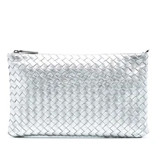 Authenticated Bottega Veneta Metallic Intrecciato Clutch Silver Calf Leather Bag