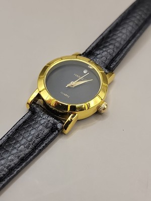 Hanslin Black Diamond Ladies Watch Gold Tone Leather  New Battery