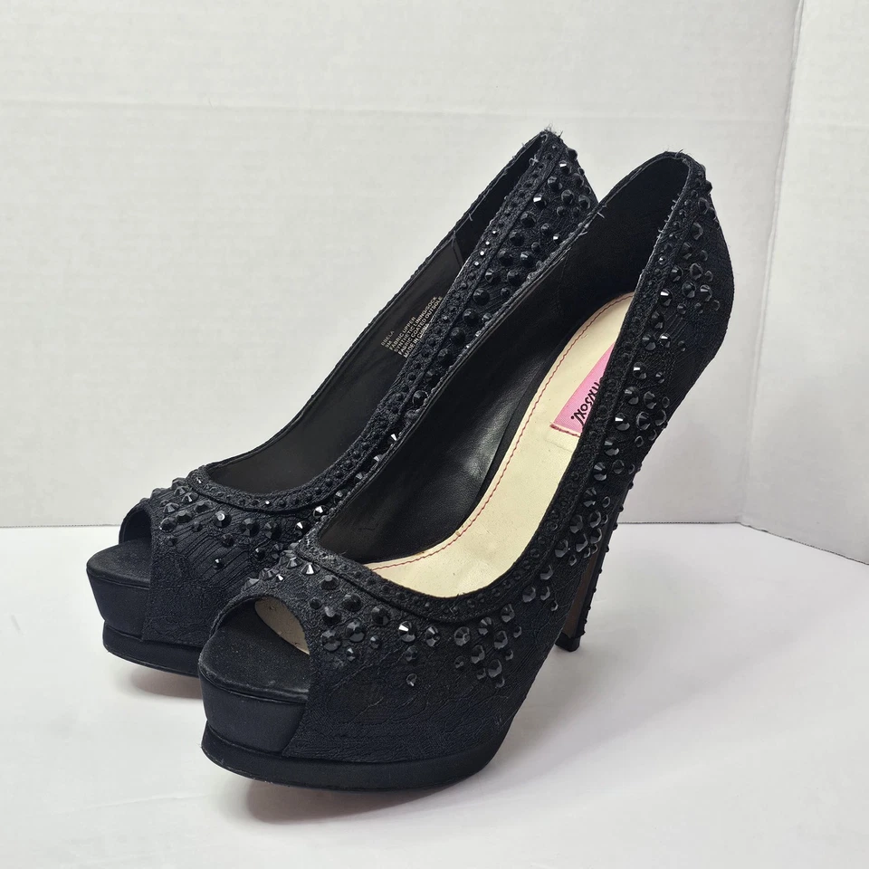 Betsey Johnson Platform Peep Toe Pumps 9 M Black Studded High Heels Shoes - Image 2 of 4