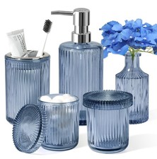 Blue Bathroom Accessories 5 Pcs, Glass 5 Pcs Set,
