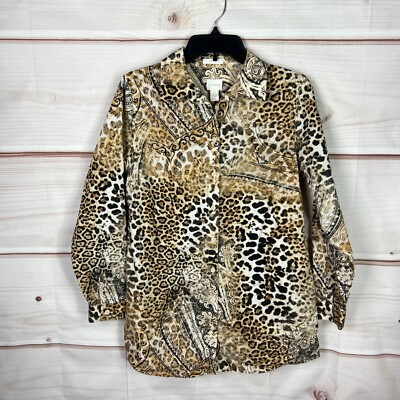 Chicos Top Womens 0 S Brown Leopard Cheetah Button Up Shirt No Iron Tunic Cotton