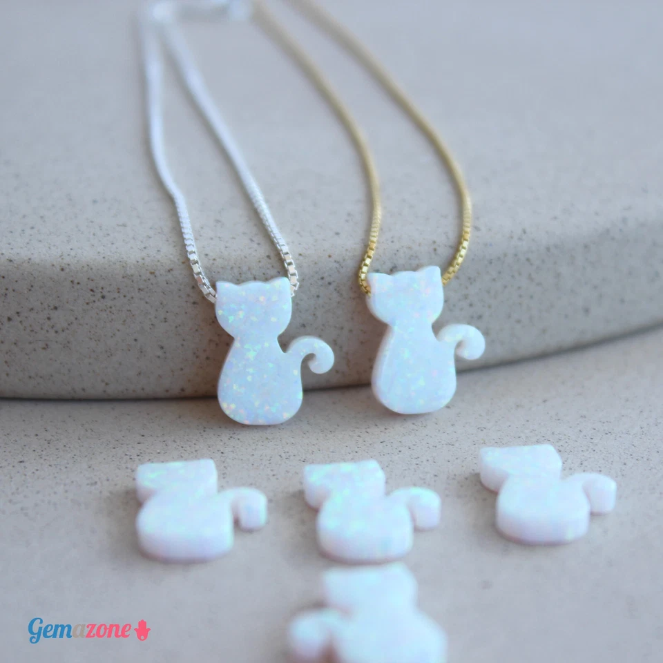 Gato Gatito Blanco Laboratorio Ópalo Colgante Oro Relleno Gargantilla Collar Niños Joyería Foto 3 de 4