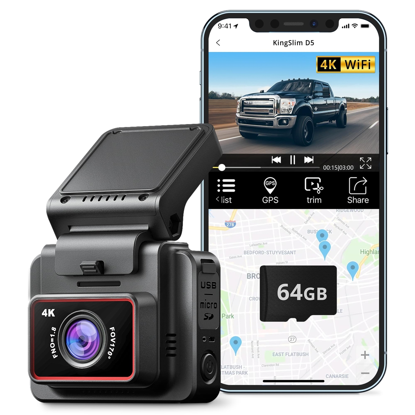 4K Front Dash Cam for Cars with WiFi GPS Free 64GB SD Card Mini Design-image