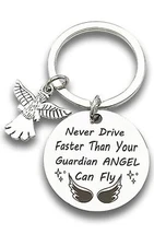 New Driver Key Ring Gift Sweet Guardian Angel Keychain Never Drive Faster Tha...