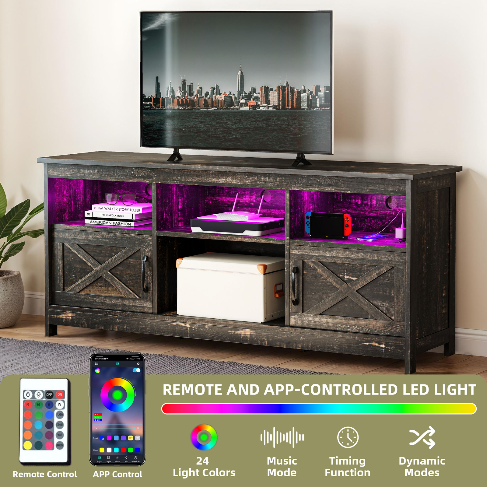 Farmhouse TV Stand Console for 32 to 65 inch Open Shelves with Power Outlets