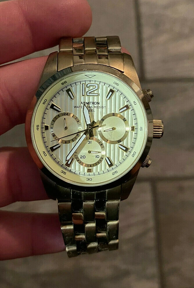 Armitron Men s 20 4991CHGP Multi Function Gold Tone Bracelet Watch Needs Battery