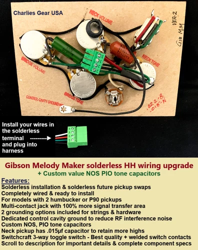 Gibson 63/65 HH Melody Maker Solderless Wiring Upgrade + Custom Value Capacitors