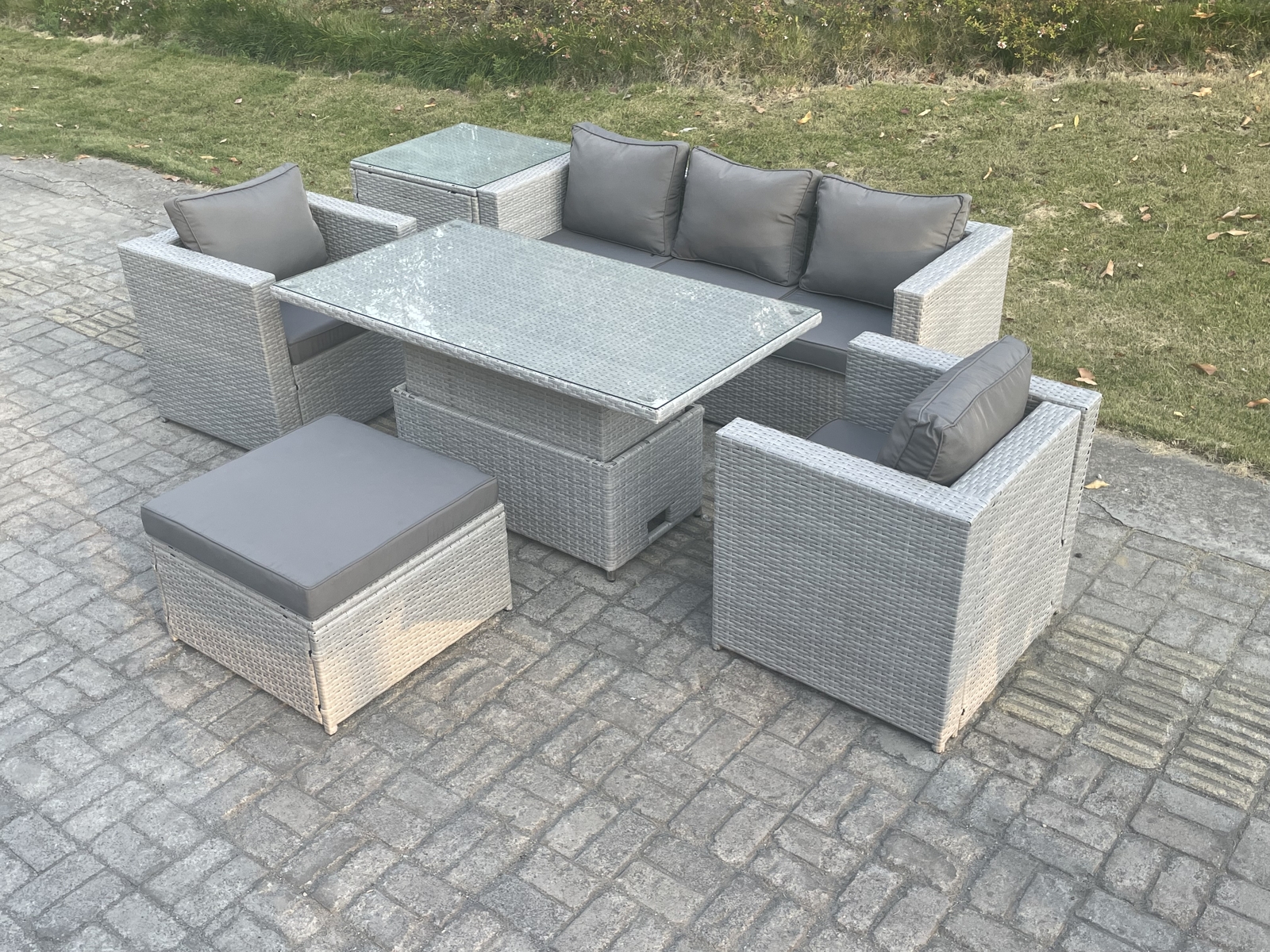 Fimous Rattan Outdoor Sofa Adjustable Dining Table Chairs Garden