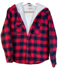 Boston Traders Womens Red Buffalo Plaid Size M Fleece Lined Shirt Jacket Hood