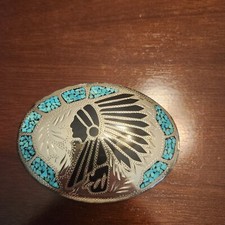 Vintage Turquoise Indian Chief Inlay Western Belt Buckle
