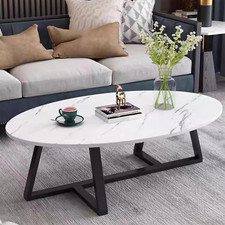 Modern Small Oval Coffee Table with White Faux Marble and Black Metal Legs