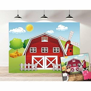 Botong Cartoon Farm Photography Backdrop Red Barn Windmill Animals