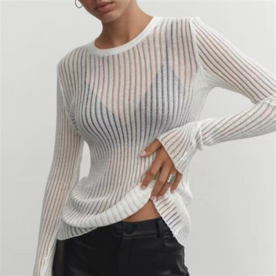 European and American Long Sleeve Round Neck Thin Breathable Knitted Women's Top